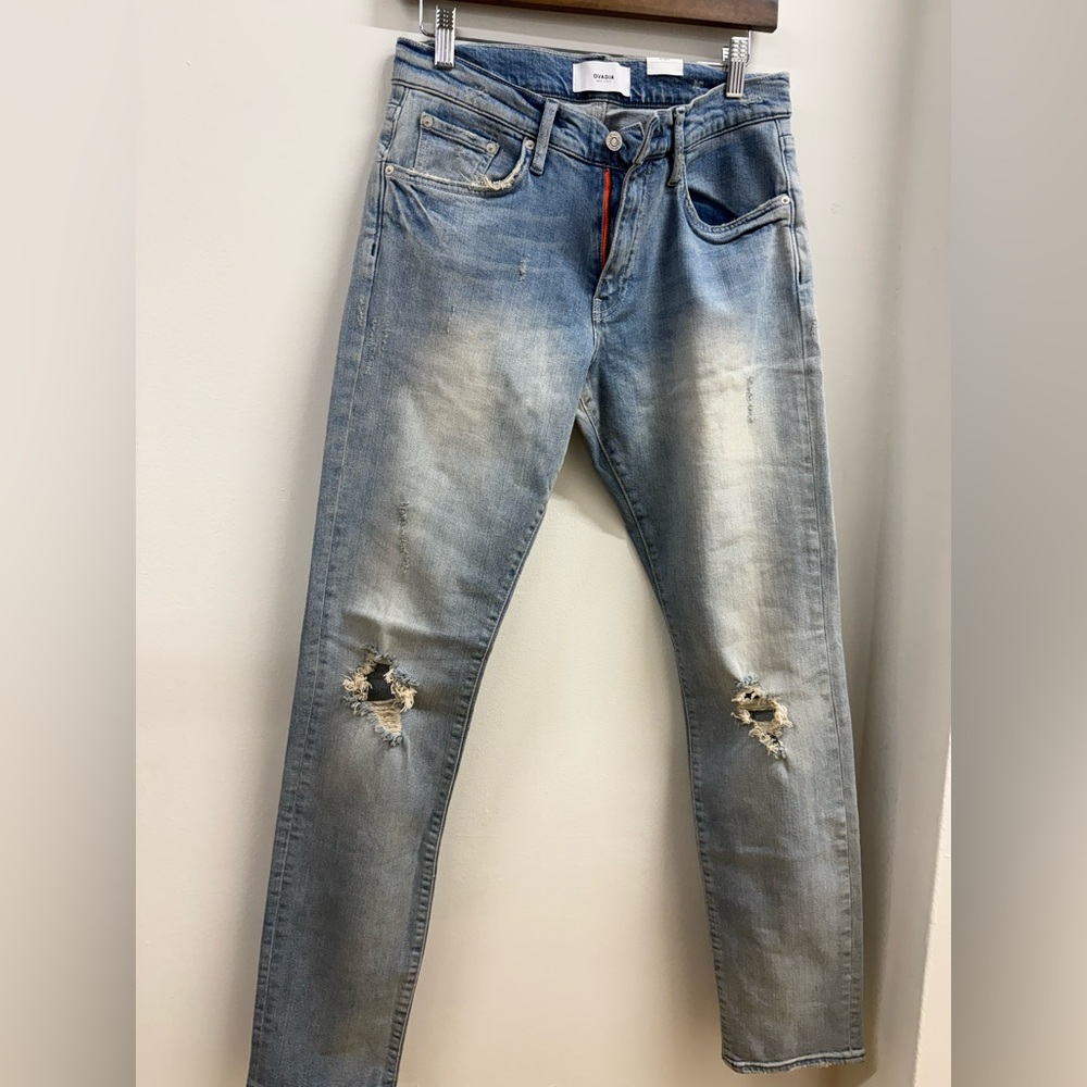 NWT Ovadia Men's Distressed Slim Jeans in Light Blue
